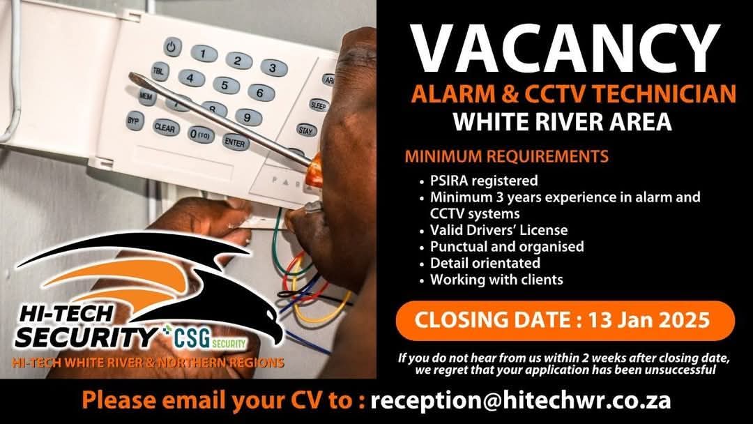 mr_Tebsza's tweet photo. *** WE’RE HIRING – Alarm &amp; CCTV Technician (White River area) *** If you adhere to the minimum qualifications, please send your CV to :
reception@hitechwr.co.za
13 Jan 2025 https://t.co/FqlrAsIs1i