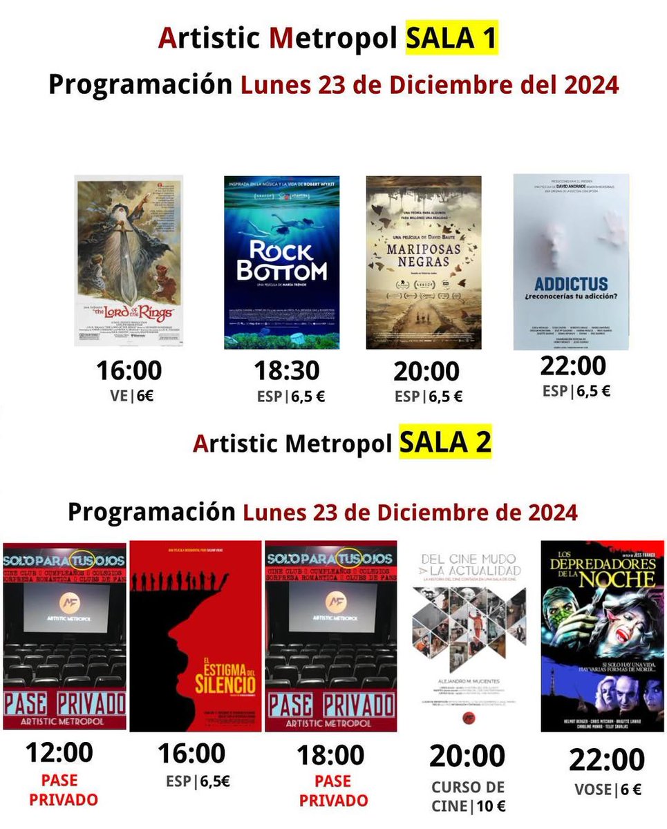 artmetropol's tweet photo. Nuestra programación para hoy lunes 23
SALA 1
#ElSeñordelosAnillos
#rockbottom
#MariposasNegras
#Addictus
SALA 2
#PasePrivado
#Elestigmadelsilencio
#CursoHistoriadelCine
#Losdepredadoresdelanoche
Entradas a la venta en
https://t.co/ZFuGBrhBLc https://t.co/7a41GfbIhK