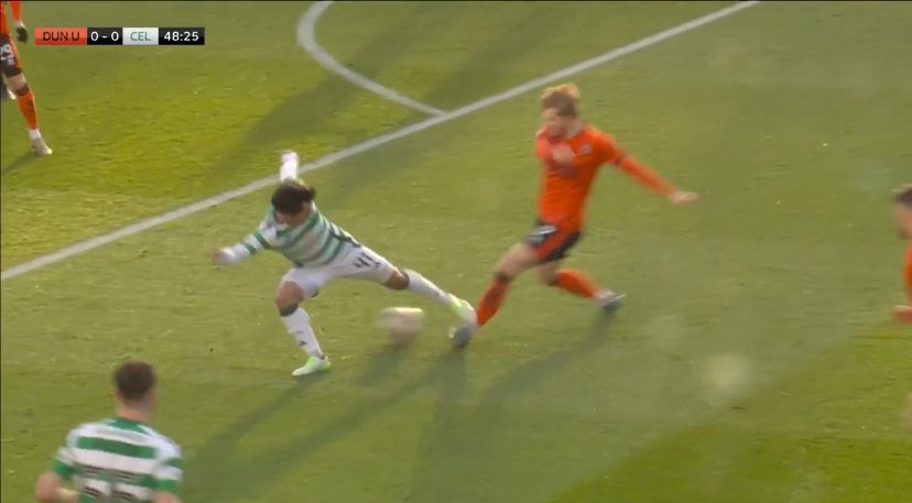 DelSouness's tweet photo. Celtic player with potential leg breaking stamp on Dundee United player's shin. Red card in any serious football league in the world. Phatterns of Assistance. https://t.co/QgOJZ8NWPt
