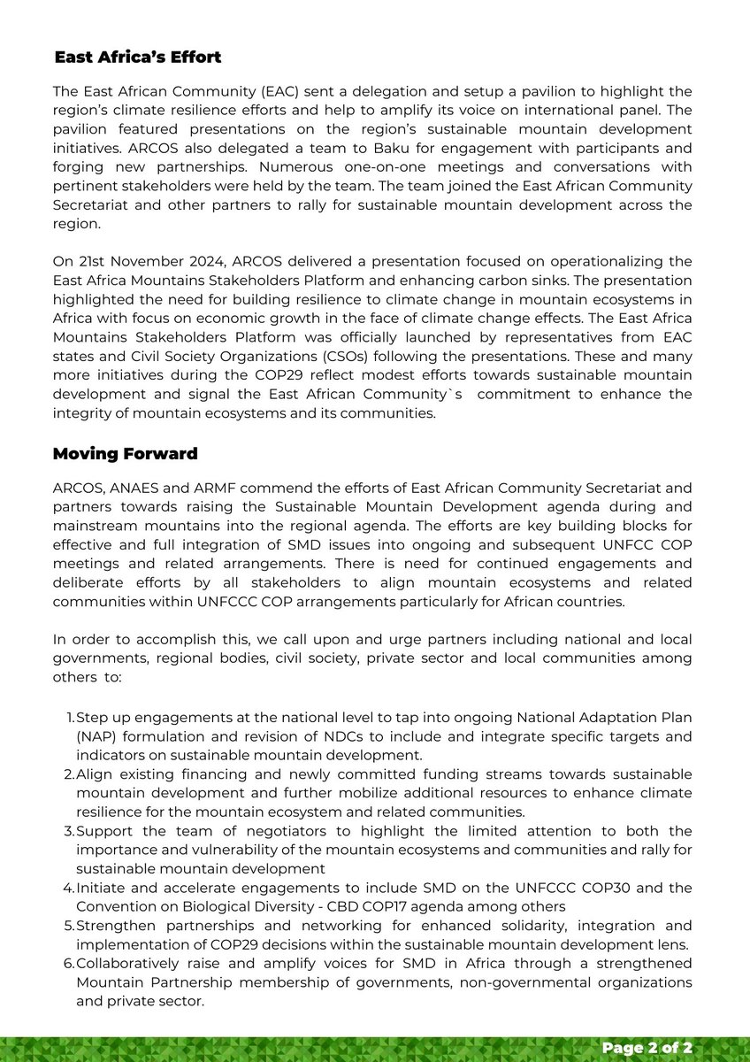 ARCOSNetwork's tweet photo. After #COP29 , ARCOS, together with #ANAES &amp; #ARMF, has released a position statement commending the @jumuiya  exceptional efforts in Sustainable Mountain Development. This emphasizes the importance of ongoing efforts to prioritize mountain ecosystems in global climate agenda. https://t.co/N45pApqYLt