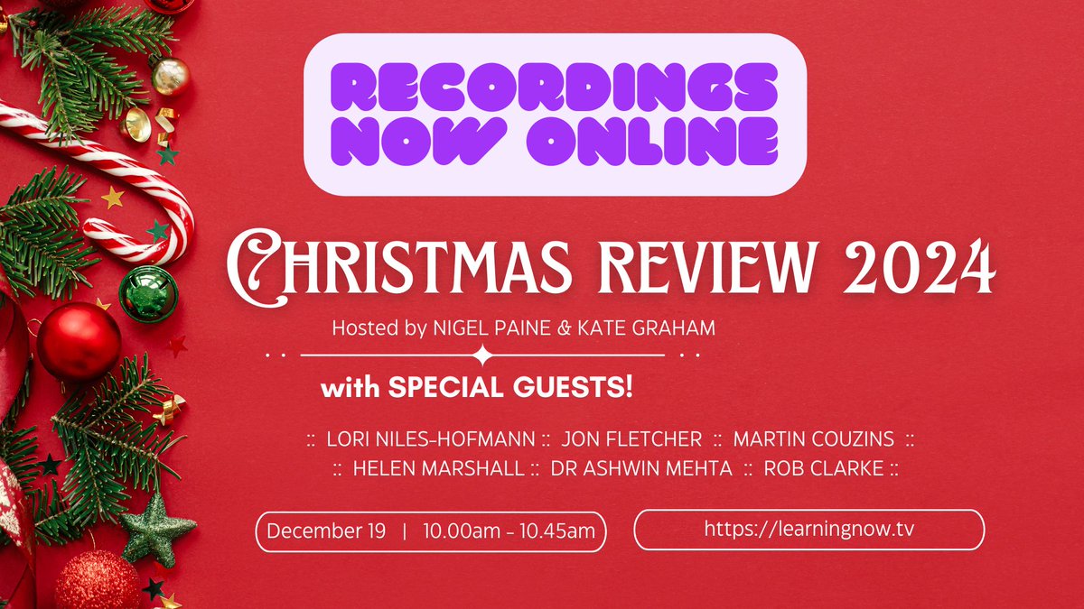 LEARNING NOW TV - RECORDINGS ONLINE! We wrap up 2024 with a special programme looking forward to the learning sector's hopes and aspirations for 2025. Hosted by Nigel Paine and Kate Graham, and we also welcome some special guests. buff.ly/2I0M4DQ