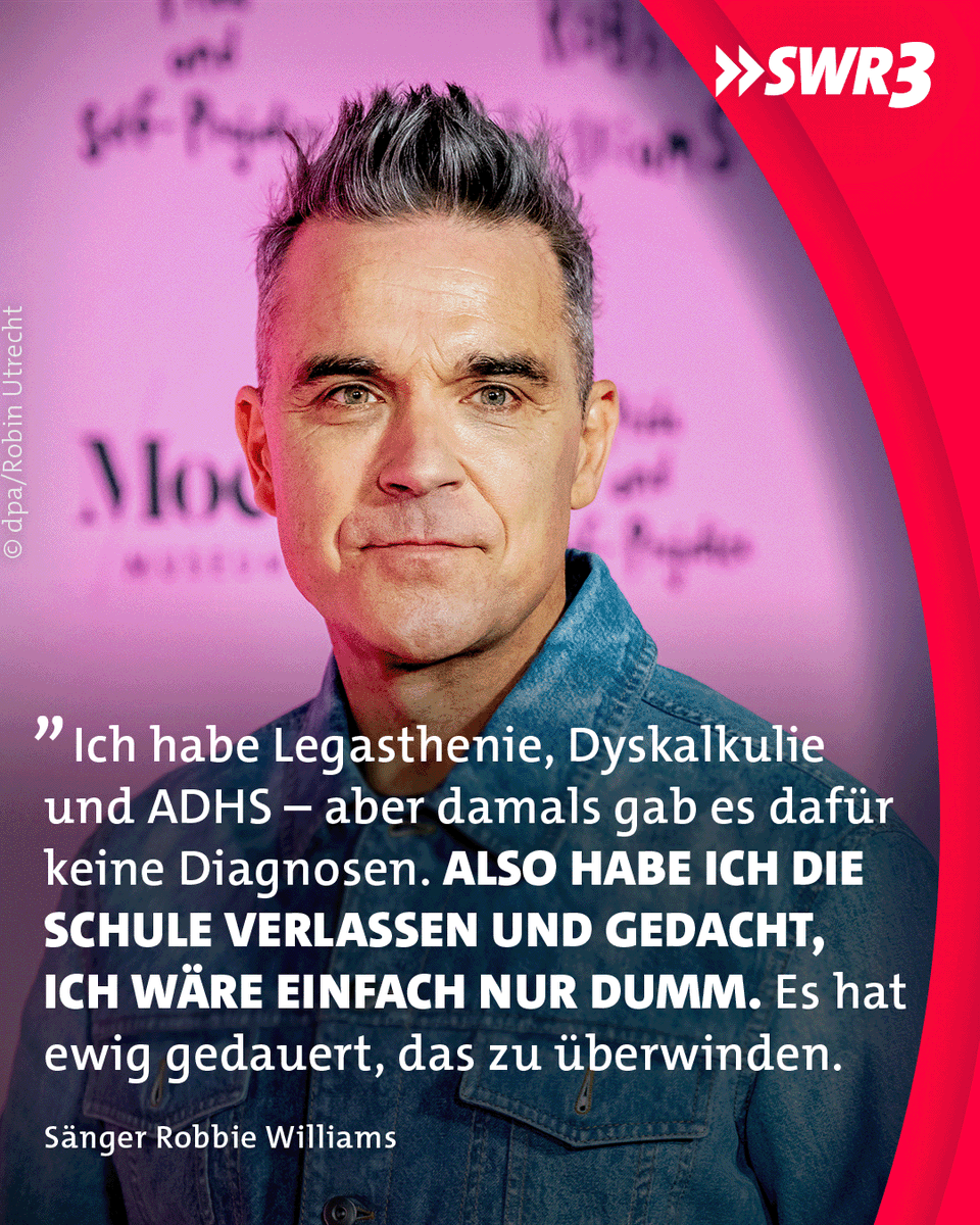 swr3's tweet image. Robbie #Williams spricht offen darüber, wie ihn unter anderem seine Lese-Rechtschreibstörung und #ADHS geprägt haben – und warum er jetzt einen Schulabschluss nachholen möchte. Was haltet ihr davon? Hättet ihr Lust, nochmal zur #Schule zu gehen? 📝⬇️