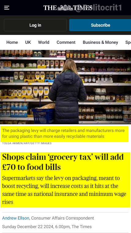 Politocrit1's tweet image. New "climate change" tax on grocery packaging expected to ADD £70 to family food bills💰

Notice how it's ALWAYS US, the CONSUMER, left paying for these "schemes"?🤔

This "Climate Claptrap" is NOTHING more than a GRIFT to TRANSFER money from ORDINARY people to the SUPER RICH😡