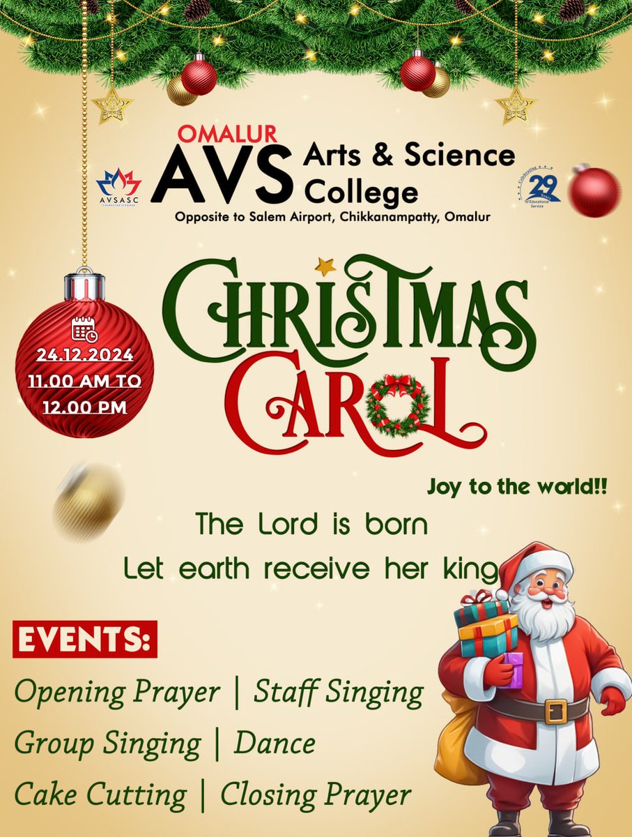 arts_avs's tweet photo. Omalur AVS

CHRISTMAS CAROL
Joy to the world!!
The Lord is born Let earth receive her king
EVENTS:
Opening Prayer
Staff Singing
Group Singing
Dance
Cake Cutting
Closing Prayer

#omalur #avs #christmas #celebration https://t.co/WT2n5jzfHd