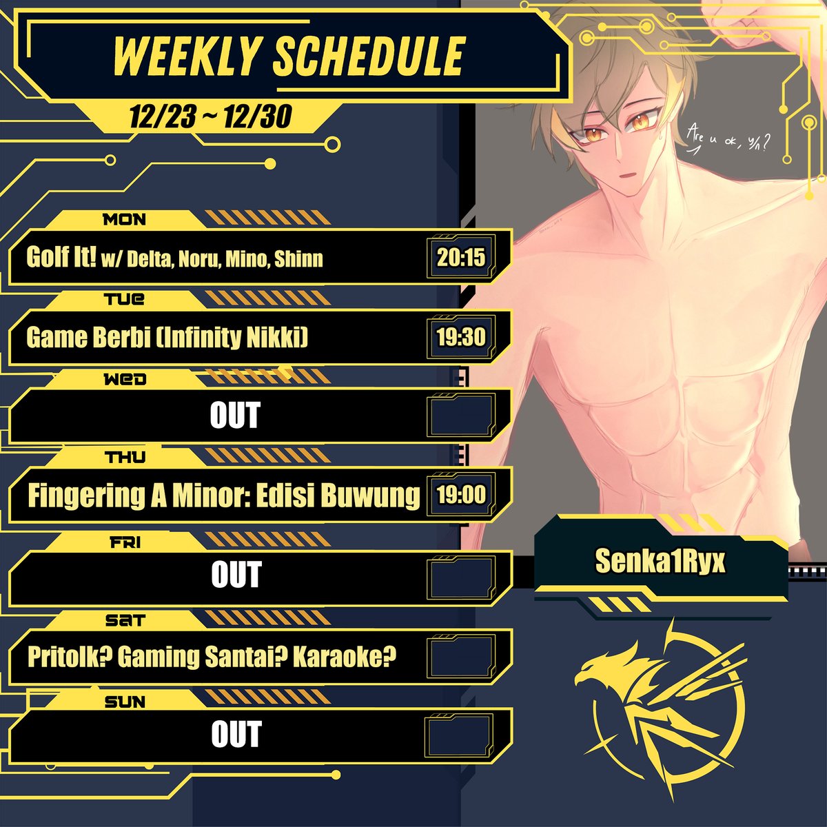 AureoFaulkner's tweet photo. Skejuuuuuul
Udah agak mendingan, jadi bisa stream lagi hehe
Ada mabar, game pria sejati, dan kamis ini ada stream gitaran bertema burung. Open request!
•General: #AureoFaulkner
•Live: #alaipalaip
•Art: #ARTureo
•Music: #ONGAKUreo
•Sharing ilmu: #reologi
•Fandom: #palkon https://t.co/EebzFvBRq9