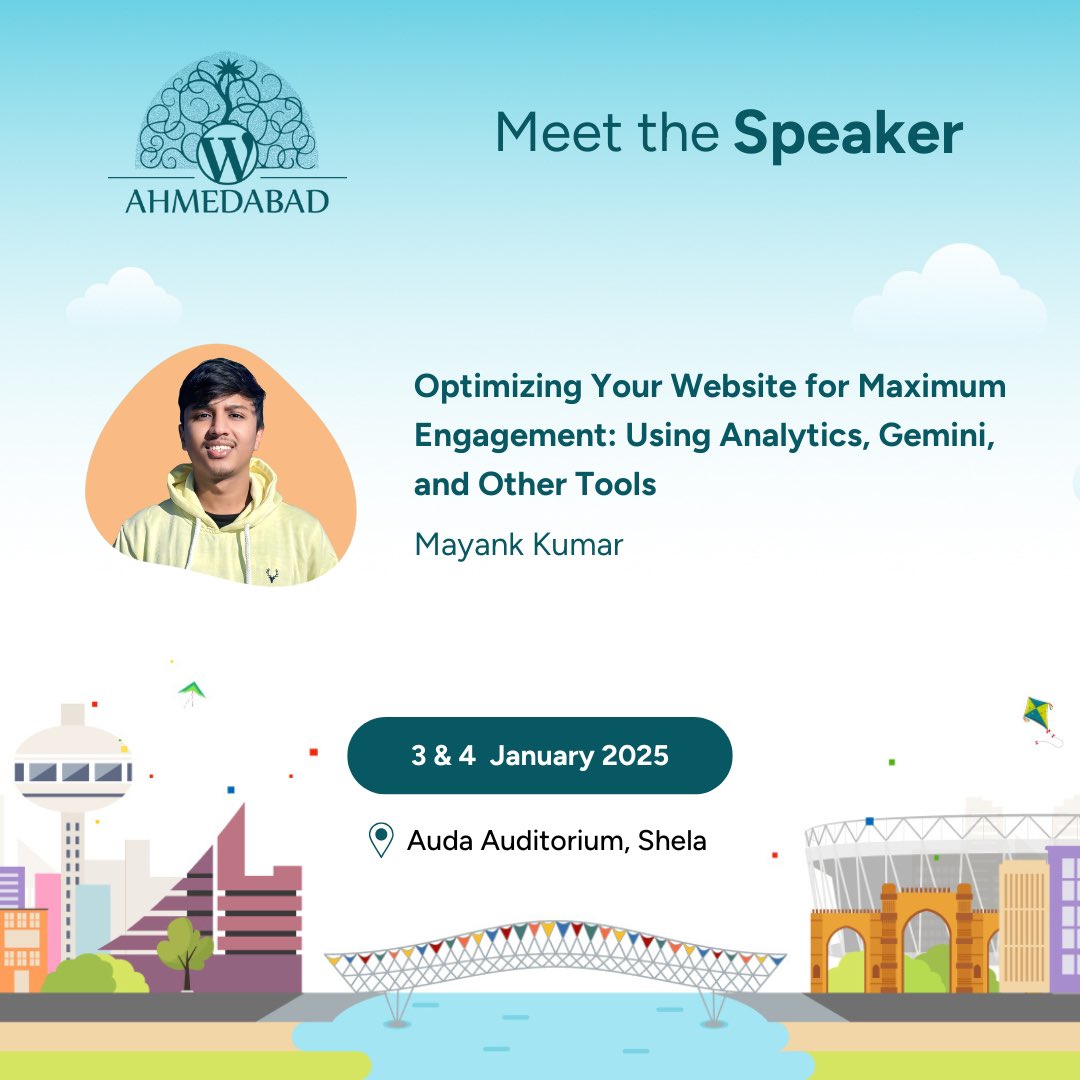 🌟 Meet <a href="/markmemayank/">Mayank Kumar</a> at #WCAhmedabad 5.0! 🚀 Learn how tools like Google Analytics, AI-powered Gemini &amp; Page Insights can boost your website’s performance. 

Don’t miss it!
🔗 shorturl.at/GAc0I

#WCAhmedabad #WordPress #Ahmedabad #Speaker