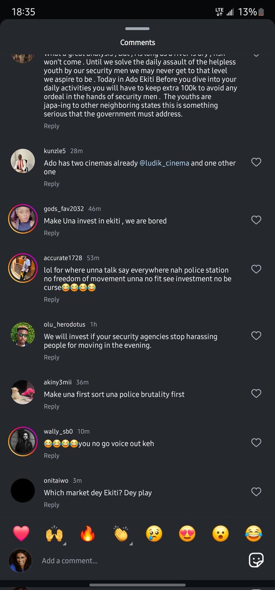 Ekiti trends (@ekititrends) on Twitter photo Ekiti residents reacts to a post on our Instagram page regarding investing in Ekiti.
Ninety percent of the comments expressed concerns about the constant harassment of residents by security agencies in the state.
- <a href="/ekitistategov/">Government of Ekiti State</a> needs to do something about the constant Ekiti residents reacts to a post on our Instagram page regarding investing in Ekiti.
Ninety percent of the comments expressed concerns about the constant harassment of residents by security agencies in the state.
- <a href="/ekitistategov/">Government of Ekiti State</a> needs to do something about the constant