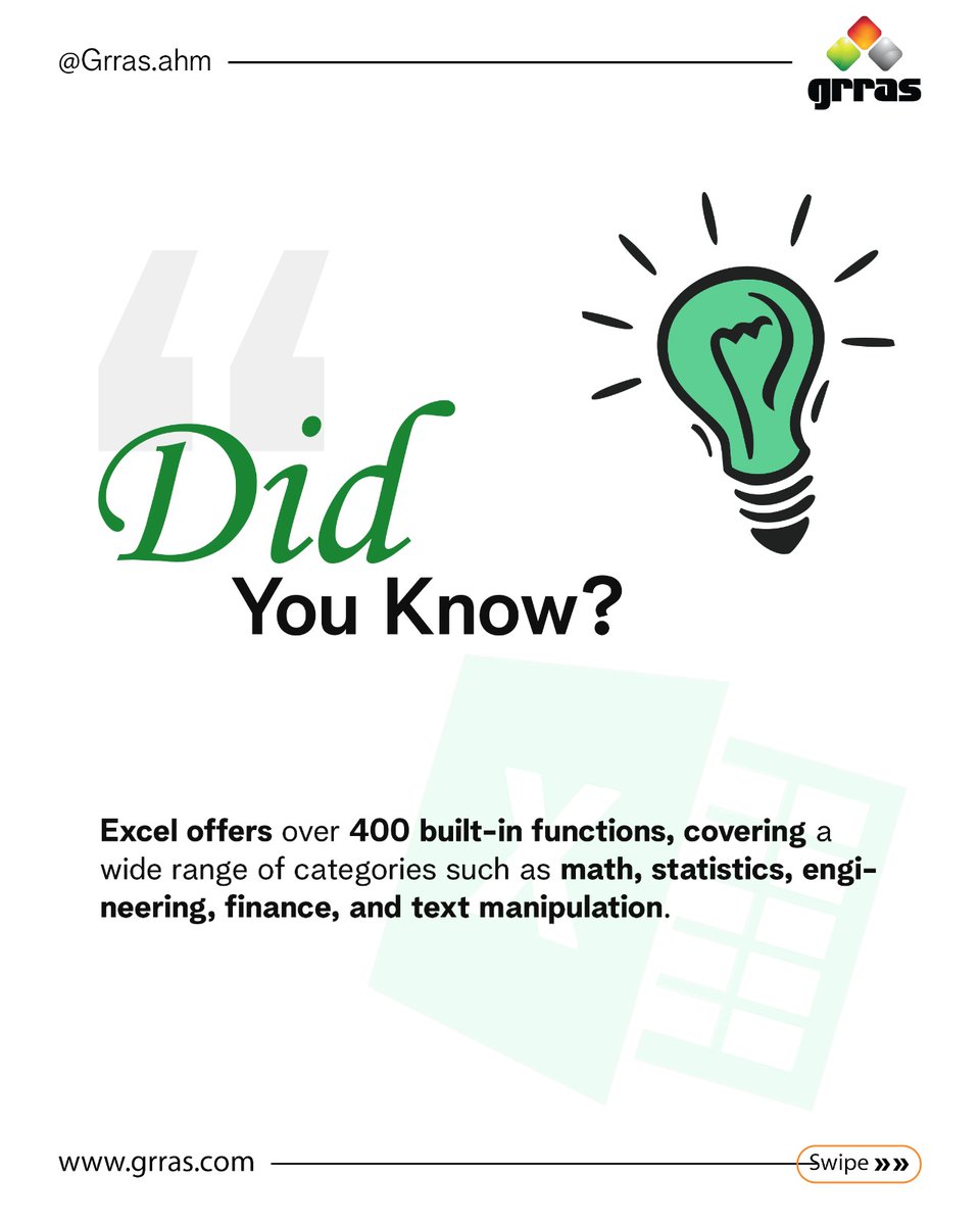 GrrasITTraining's tweet image. Did You Know? 🤔
Excel isn’t just rows and columns – it’s a powerhouse of over 400 built-in functions! 
How many of these functions have you explored?
Drop it in the comments! ⬇️
#ExcelTips #DataMastery #excelinsights #microsoftexceltraining #grrasahmedabad #careerwithgrras