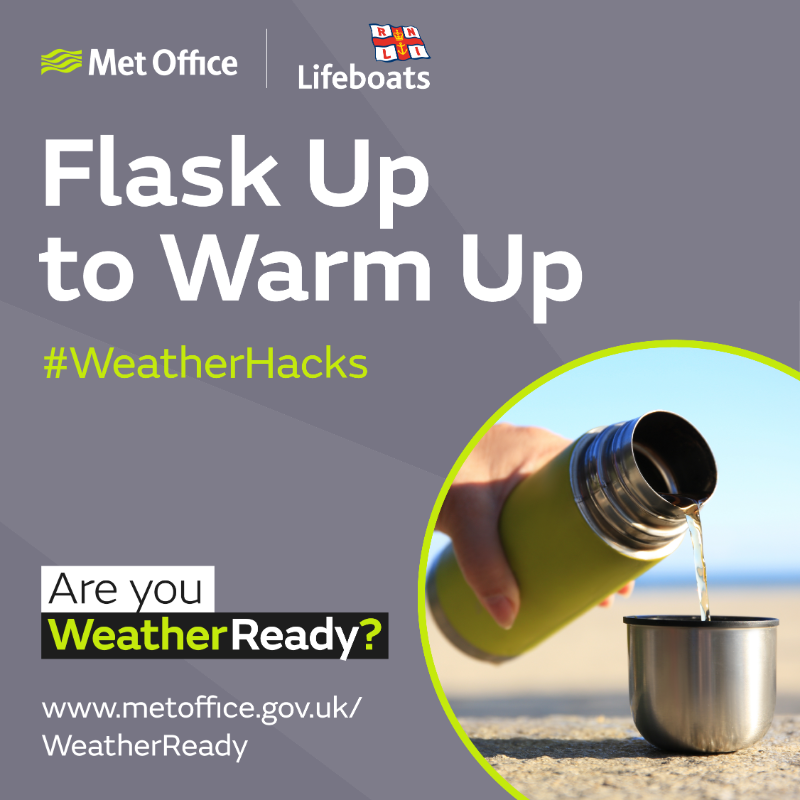 metoffice's tweet photo. Diving into the New Year with a festive dip? Here’s a #WeatherHack from our partners @RNLI:
Fill a flask with your favourite brew and have a warm drink to help your body warm up after being in the water
Do you have any winter #WeatherHacks?
#WeatherReady