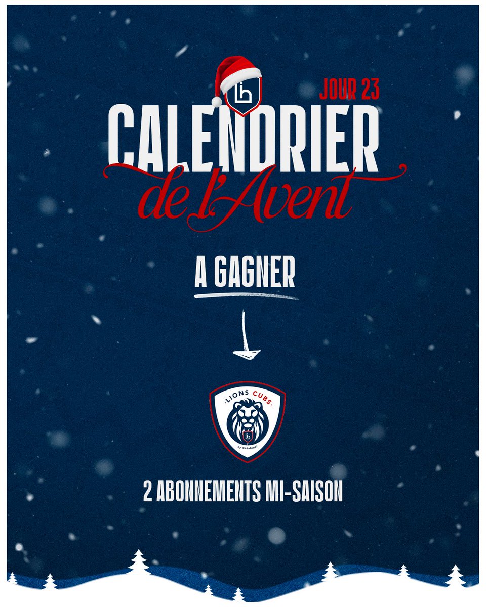 🎅 𝗖𝗮𝗹𝗲𝗻𝗱𝗿𝗶𝗲𝗿 𝗱𝗲 𝗹'𝗮𝘃𝗲𝗻𝘁 - 𝗝𝗢𝗨𝗥 𝟮𝟯

Le groupe de supporters les <a href="/lions_cubs/">Lions Cubs</a> vous fait gagner 2 abos.

Pour participer, répondez à la question :
⚔️ 𝗤𝘂𝗲𝗹𝗹𝗲 𝘀𝗲𝗿𝗮 𝗹'𝗮𝗳𝗳𝗶𝗰𝗵𝗲 𝗱𝘂 𝗽𝗿𝗲𝗺𝗶𝗲𝗿 𝗺𝗮𝘁𝗰𝗵 𝗱𝗲 𝗹'𝗮𝗻𝗻𝗲́𝗲 𝟮𝟬𝟮𝟱 ?
