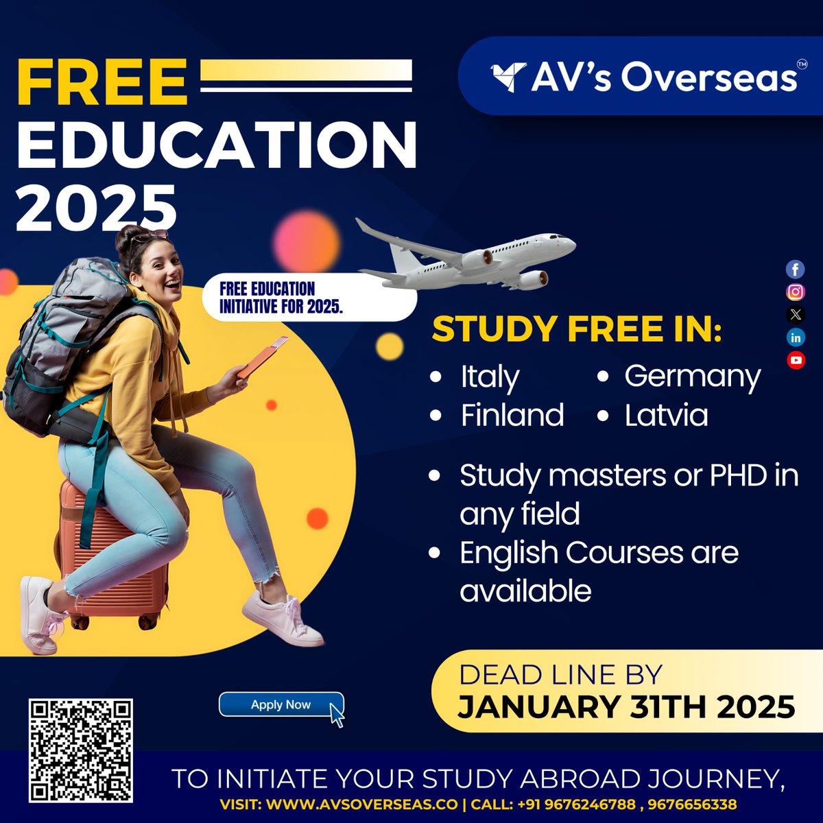 avs_overseas's tweet photo. Unlock your future with AV's Overseas,Our FREE EDUCATION INITIATIVE for 2025 is your gateway to studying in Italy, Germany, Finland, and Latvia.

👉 VISIT: https://t.co/WEJlj094Y7
📞 CALL: +91 9676246788, 9676656338

#AVsOverseas #FreeEducation https://t.co/YZvsr8HLhy