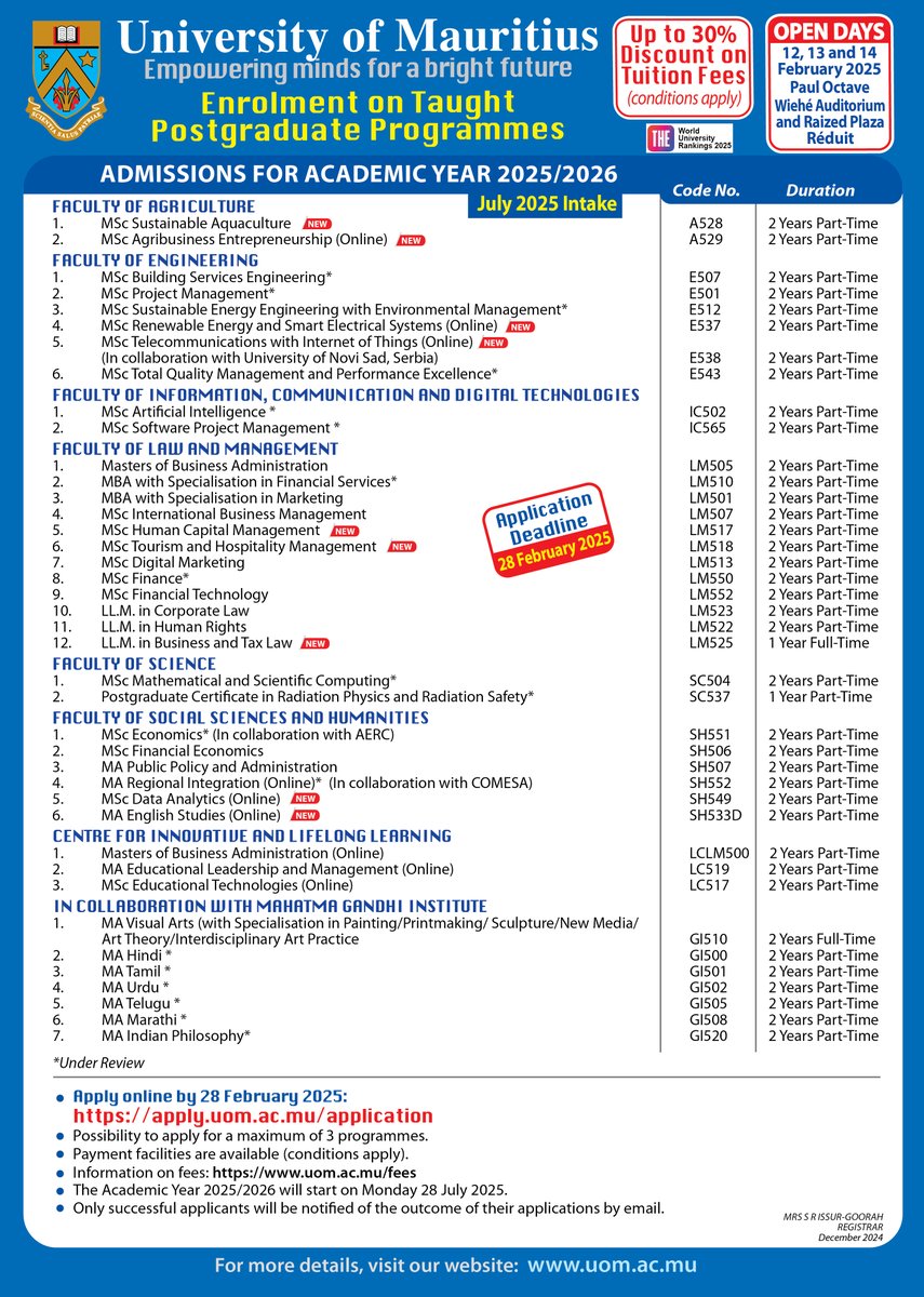 UniOfMauritius's tweet photo. Admissions of Mauritian Students for Academic Year 2025/2026 – Intake July 2025
Application deadline: 28 February 2025
Apply Now: https://t.co/2n5pCUbLec
For more information:
https://t.co/rI7yo1E0HV https://t.co/5uw5uGaQlM