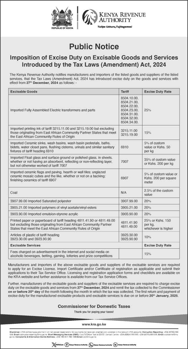 KRACorporate's tweet image. 📢 𝐏𝐮𝐛𝐥𝐢𝐜 𝐍𝐨𝐭𝐢𝐜𝐞: 𝐈𝐦𝐩𝐨𝐬𝐢𝐭𝐢𝐨𝐧 𝐨𝐟 𝐄𝐱𝐜𝐢𝐬𝐞 𝐃𝐮𝐭𝐲

The Kenya Revenue Authority (KRA) notifies all manufacturers, importers, and suppliers of excisable goods and services that the Tax Laws (Amendment) Act, 2024 has introduced Excise Duty on the…
