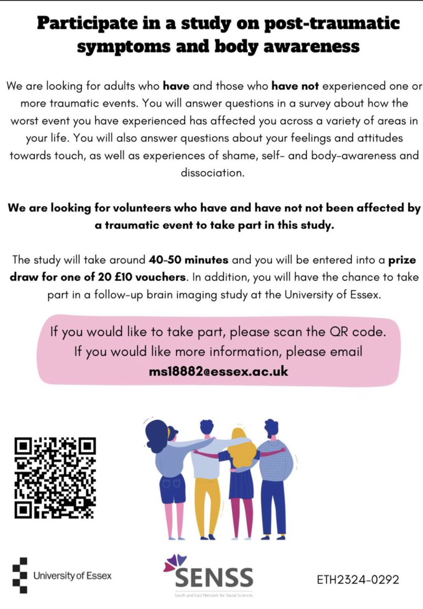 My daughter is currently studying her PhD at the University of Essex and is carrying out research on PTSD. We would be most grateful if you could spare some time taking part in her research.

essex.eu.qualtrics.com/jfe/form/SV_1G…