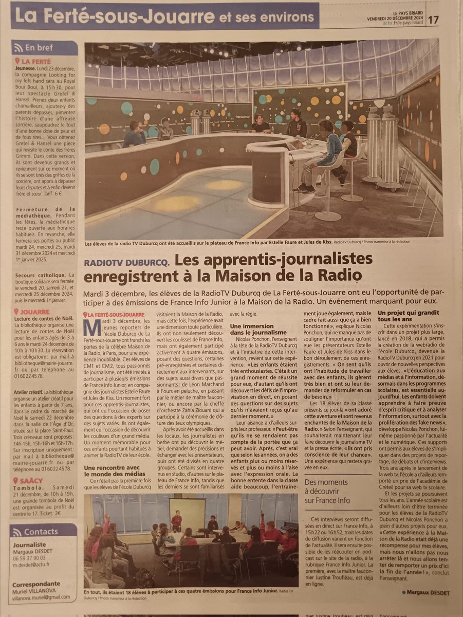 Radio TV Duburcq (@radiotvduburcq) on Twitter photo C'est avec joie que nous vous informons que nous avons droit à un article dans <a href="/LePaysBriard/">Le Pays Briard</a> du 20/12 suite à nos émissions sur France Info ! Une page entière avec en prime une mention en première page ! Merci à <a href="/MargauxDesdet/">Margaux Desdet</a> ! ☺️
<a href="/LeCLEMI/">CLEMI</a> <a href="/franceinfo/">franceinfo</a> <a href="/AcCreteil/">Académie de Créteil</a> <a href="/clemicreteil/">EMI Académie de Créteil</a> C'est avec joie que nous vous informons que nous avons droit à un article dans <a href="/LePaysBriard/">Le Pays Briard</a> du 20/12 suite à nos émissions sur France Info ! Une page entière avec en prime une mention en première page ! Merci à <a href="/MargauxDesdet/">Margaux Desdet</a> ! ☺️
<a href="/LeCLEMI/">CLEMI</a> <a href="/franceinfo/">franceinfo</a> <a href="/AcCreteil/">Académie de Créteil</a> <a href="/clemicreteil/">EMI Académie de Créteil</a>