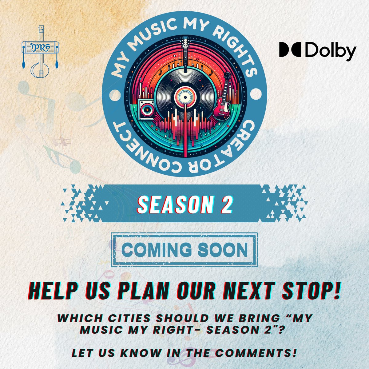 Indian Performing Right Society Limited (@iprsmusic) on Twitter photo Get ready for SEASON 2.
“My Music My Right” is back to empower music creators like you!
We’re planning our next tour and want to hear from YOU! Comment with the cities you want us to visit!
.
.
<a href="/DolbyIn/">Dolby India</a> #MyMusicMyRight #Season2 #IPRS #MusicaInitiative #EmpoweringCreators Get ready for SEASON 2.
“My Music My Right” is back to empower music creators like you!
We’re planning our next tour and want to hear from YOU! Comment with the cities you want us to visit!
.
.
<a href="/DolbyIn/">Dolby India</a> #MyMusicMyRight #Season2 #IPRS #MusicaInitiative #EmpoweringCreators