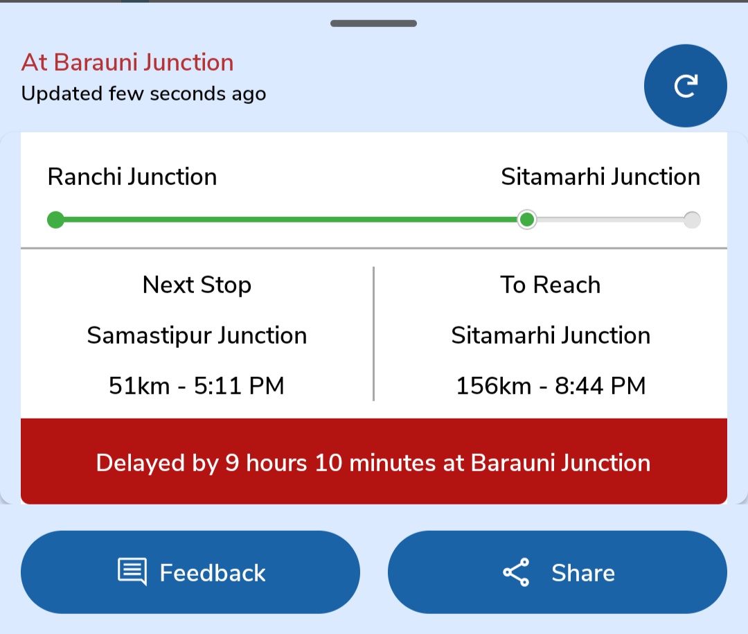 adityastories's tweet photo. @RailMinIndia @AshwiniVaishnaw My train 07051 (Ranchi to Sitamarhi) is delayed by over 9 hours! Is this the new standard of Indian Railways? Is this what we're paying for? Where is the accountability for such disruptions? We deserve better 🙏🏼 #IndianRailways #DelayedTrain https://t.co/WX0sdtAQ5U