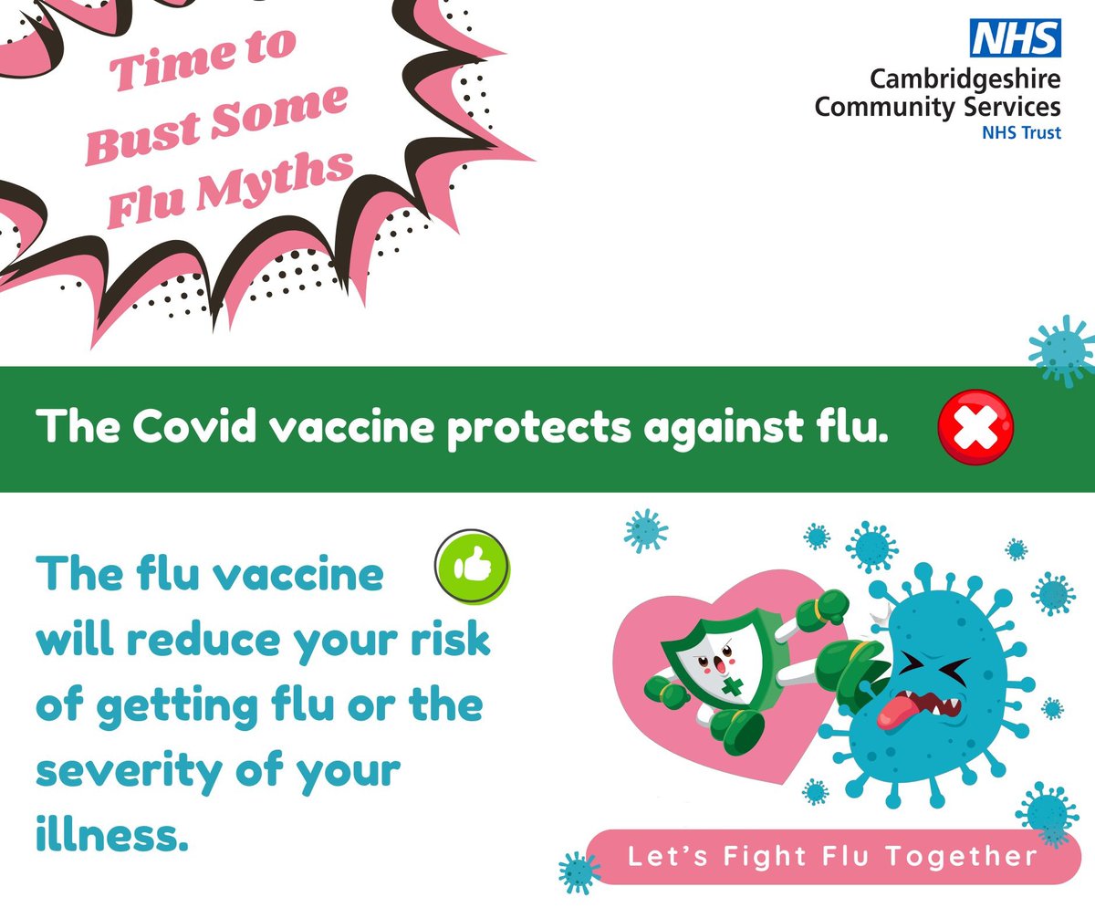 We're aiming to bust some myths about the flu vaccine! Myth 7 – The Covid vaccine protects against flu!.❌ CCS staff, don’t delay, book your flu jab today – search ‘flu’ on the staff intranet! #CCSFlu #Flujab #GoTeamCCS