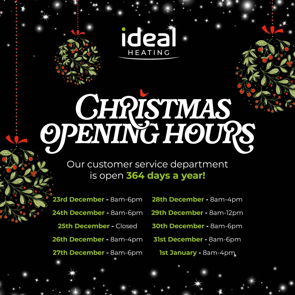 Customer Service closing dates and times! 🎄

#IdealHeating #CustomerService