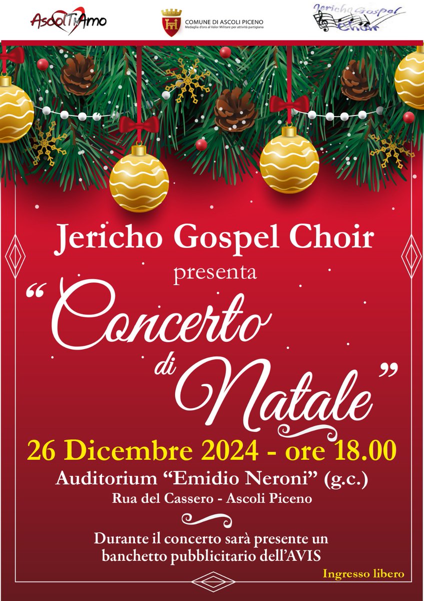 Giovedì 26 dicembre alle ore 18.00, all'auditorium "Neroni" in rua del Cassero, il Jericho Gospel Choir presenta il "Concerto di Natale". Durante la serata sarà presente un banchetto dell'Avis. Ingresso libero.

facebook.com/ascolipiceno/p…