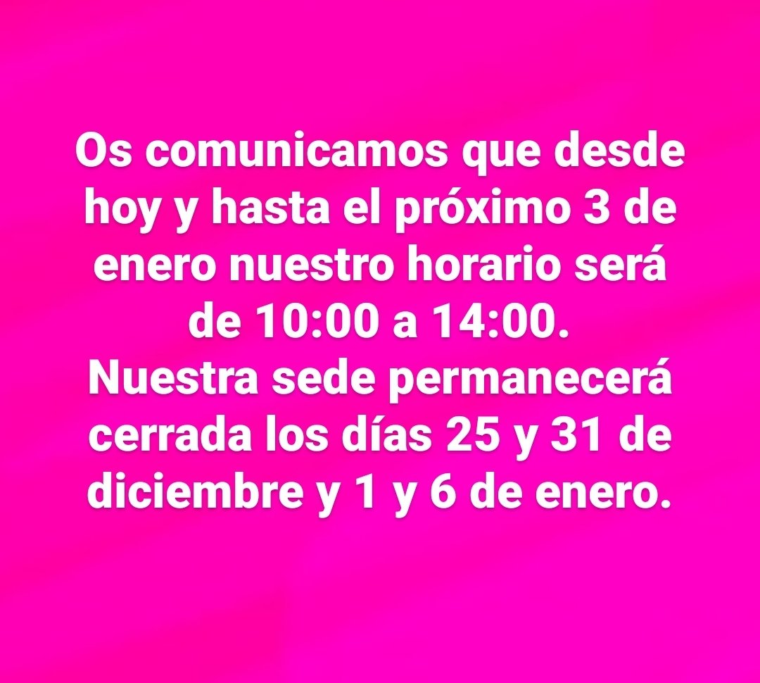 🕜Con motivo de las fiestas navideñas modificamos nuestro horario habitual.

🕜Os dejamos nuestro horario para estos días.

#Saray #asociaciónsaray #cancerdemama