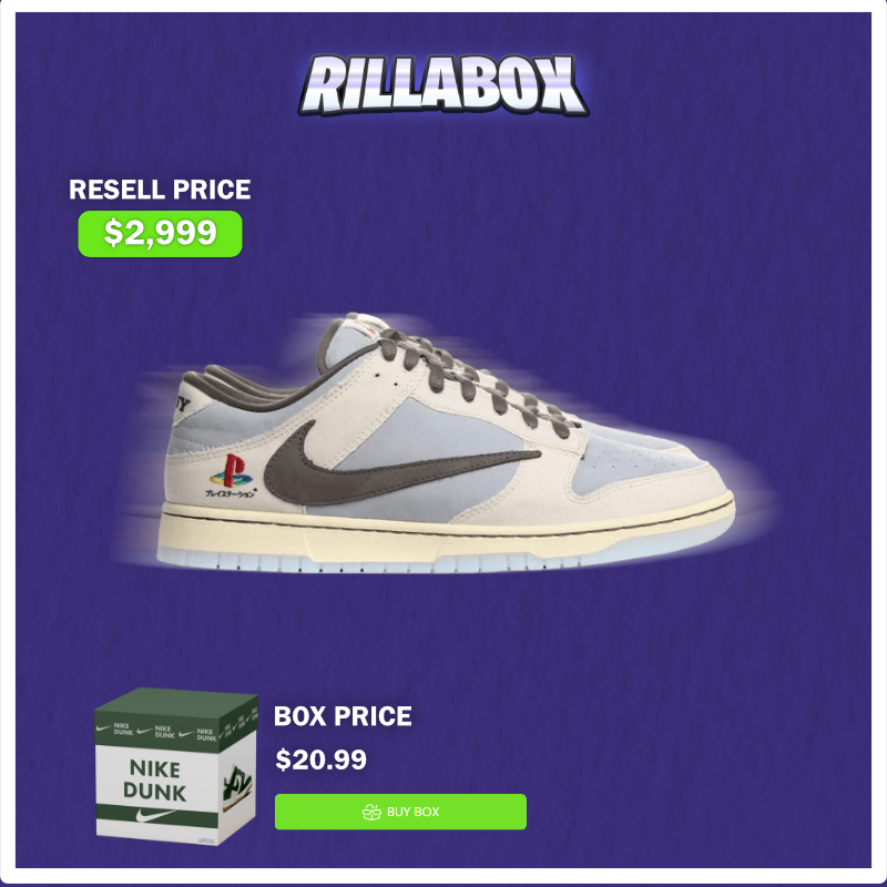 RillaBox's tweet photo. $20.99 ➡ $2,999

An all time favorite sneaker of many, introducing the Travis Scott x Nike x Playstation collab👀

Reply if you would KEEP or SELL these for $2,999 to win FREE credit👇
