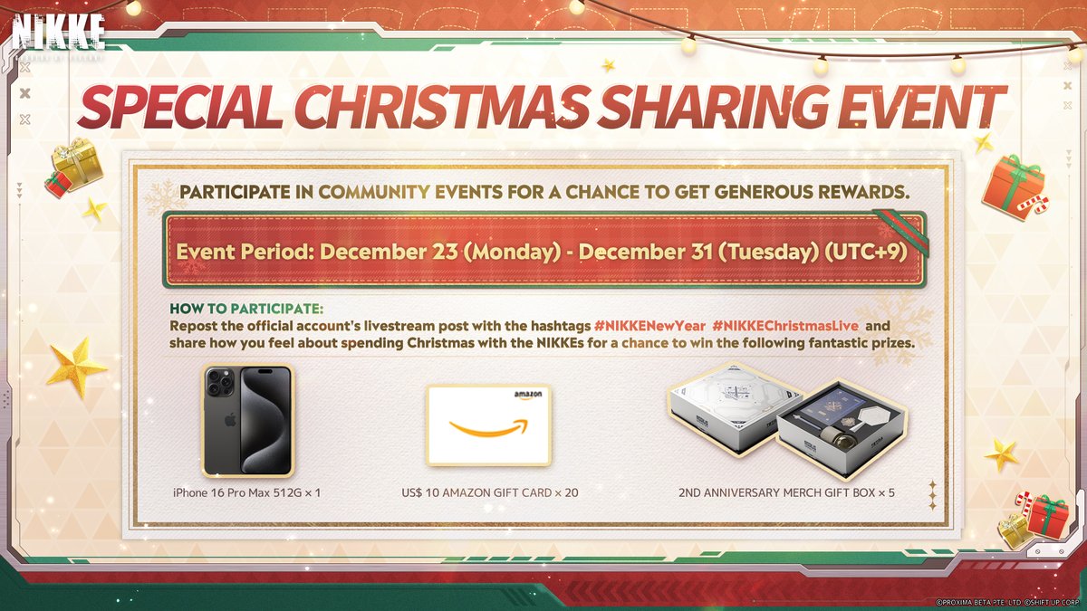 GODDESS OF VICTORY: NIKKE (@nikke_en) on Twitter photo 【NIKKE Special Christmas Livestream Activity 2 - Sharing Event】
Help spread the word about the Christmas party on the Ark! 🎉
How to Join
1. Follow <a href="/NIKKE_en/">GODDESS OF VICTORY: NIKKE</a>
2. Share this post and tell us how you feel about spending Christmas with the Nikkes. Do include the hashtags 【NIKKE Special Christmas Livestream Activity 2 - Sharing Event】
Help spread the word about the Christmas party on the Ark! 🎉
How to Join
1. Follow <a href="/NIKKE_en/">GODDESS OF VICTORY: NIKKE</a>
2. Share this post and tell us how you feel about spending Christmas with the Nikkes. Do include the hashtags