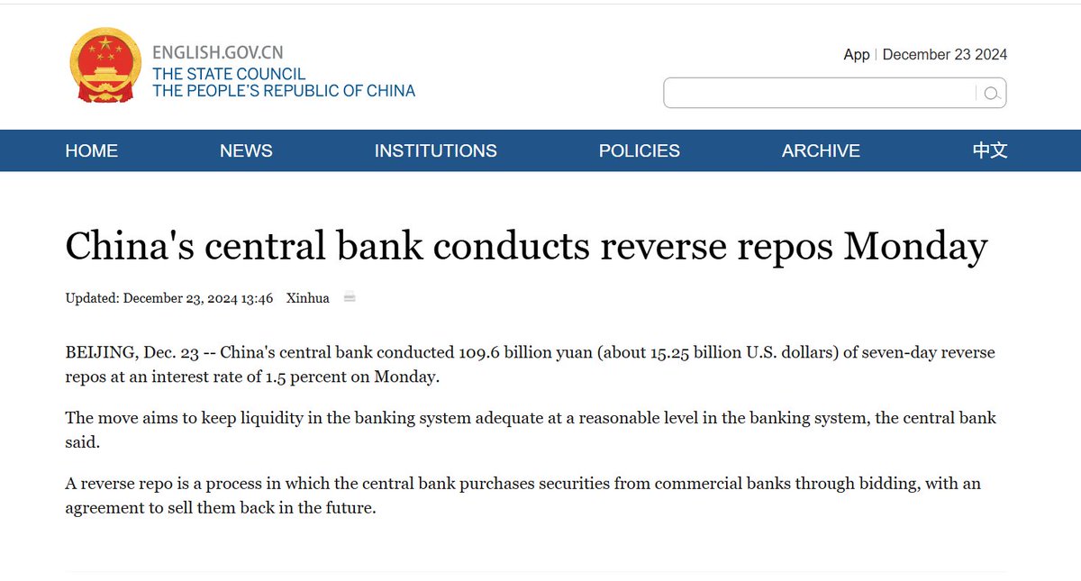 BadwiCrypto's tweet photo. بنك الشعب الصيني (PBoC) ضخ 109.6 مليار يوان من خلال عمليات Reverse Repos لمدة 7 أيام بمعدل فائدة 1.50% يعد خطوة هامة ذات تأثير كبير على الأسواق المحلية والعالمية. إليك الأسباب:

1️⃣زيادة السيولة:
تُستخدم عمليات الـ Reverse Repos لضخ السيولة مؤقتًا، مما يضمن توفير أموال كافية لتحفيز الإقتصاد.🖨️

2️⃣دعم الاستقرار الاقتصادي:
الهدف هو تحقيق الاستقرار وتقليل التقلبات المالية وضمان سير العمليات المالية بسلاسة. هذا الإجراء يظهر التزام البنك المركزي بدعم السياسة النقدية واستعداده للتحرك لضمان الاستقرار.

3️⃣التأثيرات على الأسواق العالمية
باعتبارها ثاني أكبر اقتصاد في العالم، تؤثر قرارات السياسة النقدية في الصين على الأسواق العالمية. زيادة السيولة في الصين قد تؤدي إلى ارتفاع الطلب على السلع، وزيادة النشاط التجاري، وتعديلات محتملة في تدفقات رأس المال بالأسواق العالمية.

بالمختصر طباعة المال لن توقف⬅️ Bullish 🐂🔥🤷‍♂️