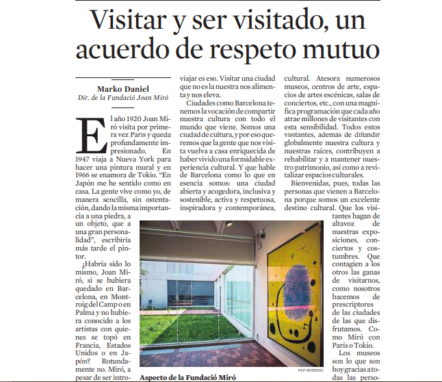 Barcelona Turisme (@barcelonaturism) on Twitter photo Marko Daniel, director de la Fundació Joan Miró avui a La Vanguardia “Visitar y ser visitat, un acord de respecte mutu”, apel·la al sentit de viatjar per desenvolupar coneixement i revitalitzar espais culturals. #ArtSeason
<a href="/BarcelonaTurism/">Barcelona Turisme</a> <a href="/bcn_ajuntament/">Ajuntament de Barcelona</a> @cambraBCN <a href="/fundaciomiro/">Fundació Joan Miró, Barcelona</a> Marko Daniel, director de la Fundació Joan Miró avui a La Vanguardia “Visitar y ser visitat, un acord de respecte mutu”, apel·la al sentit de viatjar per desenvolupar coneixement i revitalitzar espais culturals. #ArtSeason
<a href="/BarcelonaTurism/">Barcelona Turisme</a> <a href="/bcn_ajuntament/">Ajuntament de Barcelona</a> @cambraBCN <a href="/fundaciomiro/">Fundació Joan Miró, Barcelona</a>
