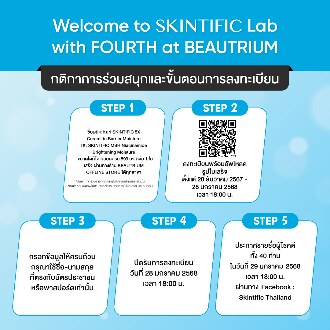 ลุ้นเป็น 40 LUCKY FANS ร่วมงานอีเว้นท์ Welcome to SKINTIFIC Lab with FOURTH at BEAUTRIUM พร้อมสิทธิพิเศษอื่นๆอีกมากมาย!

ซื้อสินค้า SKINTIFIC 5X Ceramide Barrier Moisturizer และ SKINTIFIC MSH Niacinamide Brightening Moisture ขนาดใดก็ได้ ผ่านทางร้าน BEAUTRIUM OFFLINE STORE ได้ทุกสาขา และมียอดซื้อขั้นต่ำ 899.- ใน 1 ใบเสร็จ รับ 1 สิทธิ์ร่วมลุ้นเป็น 40 สิทธิ์ ได้รับที่นั่งโซนพิเศษในงานอีเว้นท์ Welcome to SKINTIFIC Lab with FOURTH at BEAUTRIUM ในวันที่  2 กุมภาพันธ์ 2568

📆ร่วมสนุกได้ตั้งแต่ 28 ธ.ค. 67 - 28 ม.ค. 68
📌ลงทะเบียนและอ่านรายละเอียดกติกา: https://t.co/l9aaNLvRWA

🥤ประกาศผลผู้โชคดี 29 ม.ค. 68 เวลา 18:00 น.
*หมายเหตุ: สำหรับการสั่งซื้อผ่านช่องทาง Online จะไม่สามารถร่วมกิจกรรมได้
*สินค้าที่เข้าร่วมรายการได้แก่สินค้ากลุ่มสกินแคร์ เท่านั้น
*สินค้ากลุ่มเมคอัพไม่สามารถเข้าร่วมรายการได้ ได้แก่ คุชชั่นและลิปเซรั่ม

#FourthxSkintific5X
#SKINTIFICXFOURTH 
#5Xโฟร์ทใช้แล้วดีมัมหมีใช้ยัง