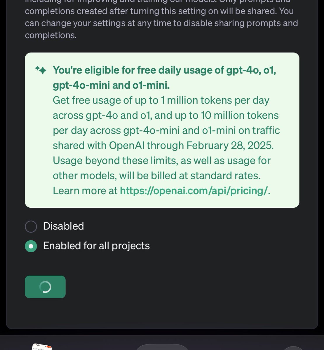 sirdangol's tweet photo. OpenAI is giving away 1 million tokens for free for 4o and o1 and 10 million for 4o-min and o1-mini now available is crazy. You just have to share your prompts https://t.co/h5Mpu3lfIl