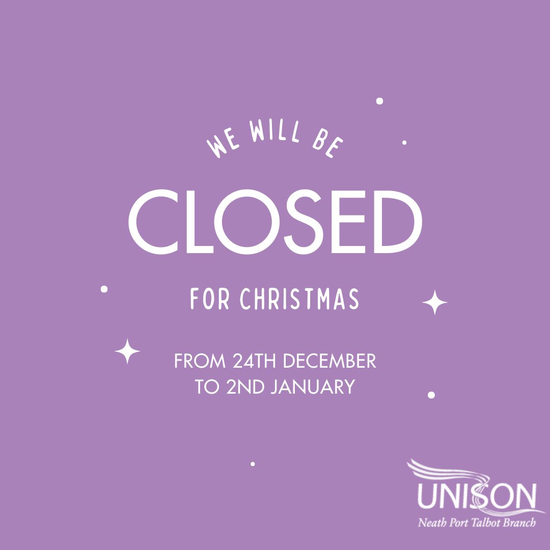 Our office will be closed from Tuesday 24th December and we will reopen on Friday 3rd January. If you require any urgent assistance during this period, please contact UNISON Direct on 0800 0 857 857 💜