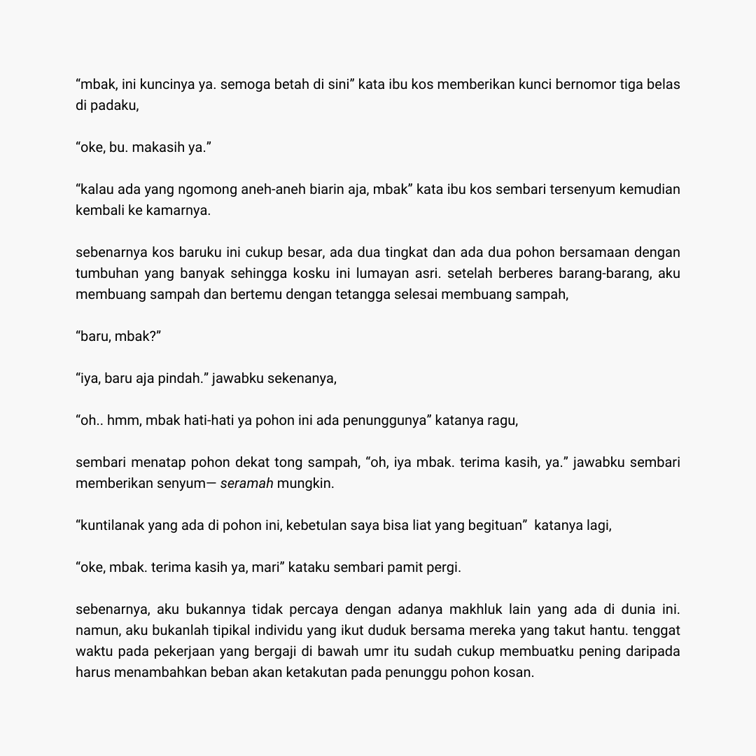 biduanlntrovert's tweet image. "mbak, hati-hati ya. di pohon itu ada penunggunya kuntilanak."

tags: wuhluhwuh, stensilan lesbi, delapan belas coret.
#penadara