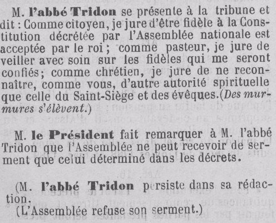 1792_1815's tweet photo. 27 décembre 1790 Prestation de serment à la Constitution Civile du Clergé. L’abbé #Tridon, curé de #Rongères, élu aux Etats Généraux de la sénéchaussée de #Moulins, prête un serment différent de celui prévu par le décret du 27 novembre : son serment est refusé. https://t.co/rrXDUcEvGC