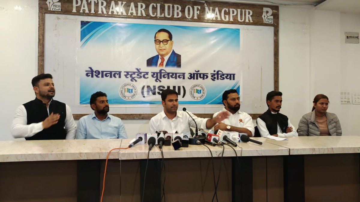 varunchoudhary2's tweet photo. First, they attacked reservation; now, they are attacking Dr. Ambedkar Ji, who enshrined it in the Constitution.

Raised key issues in today's press conference in Nagpur:
 1️⃣ BJP-RSS's attack on the Constitution & Ambedkar Ji. 2️⃣ Shrinking govt jobs & bypassing reservations via privatization. 3️⃣ Vacant reserved posts, hostel exclusion for OBCs. 4️⃣ Scholarship cuts & rising dropouts due to casteism.

NSUI stands firm to safeguard social justice.