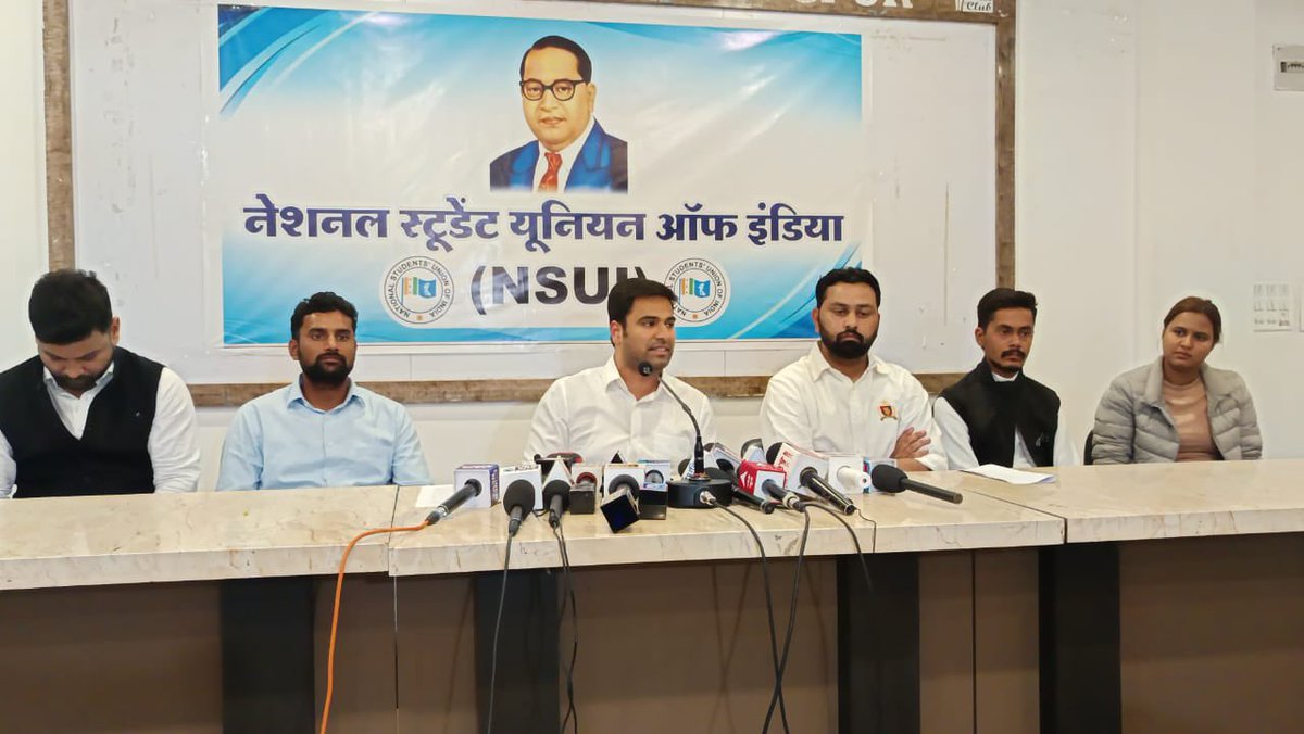 varunchoudhary2's tweet photo. First, they attacked reservation; now, they are attacking Dr. Ambedkar Ji, who enshrined it in the Constitution.

Raised key issues in today's press conference in Nagpur:
 1️⃣ BJP-RSS's attack on the Constitution & Ambedkar Ji. 2️⃣ Shrinking govt jobs & bypassing reservations via privatization. 3️⃣ Vacant reserved posts, hostel exclusion for OBCs. 4️⃣ Scholarship cuts & rising dropouts due to casteism.

NSUI stands firm to safeguard social justice.