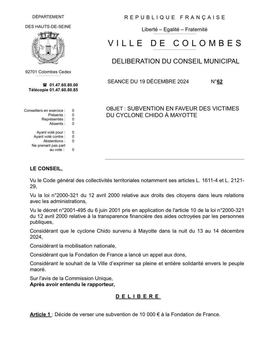 🇫🇷🇾🇹 Journée de deuil national en hommage aux victimes du cyclone Chido qui a ravagé #Mayotte  le 14 décembre dernier. 

🤝 Face à l’urgence absolue, la <a href="/VilleColombes/">Ville de Colombes</a> fait sa part ! 

✅ Nous avons voté jeudi soir une subvention à hauteur de 10 000€, versée à la