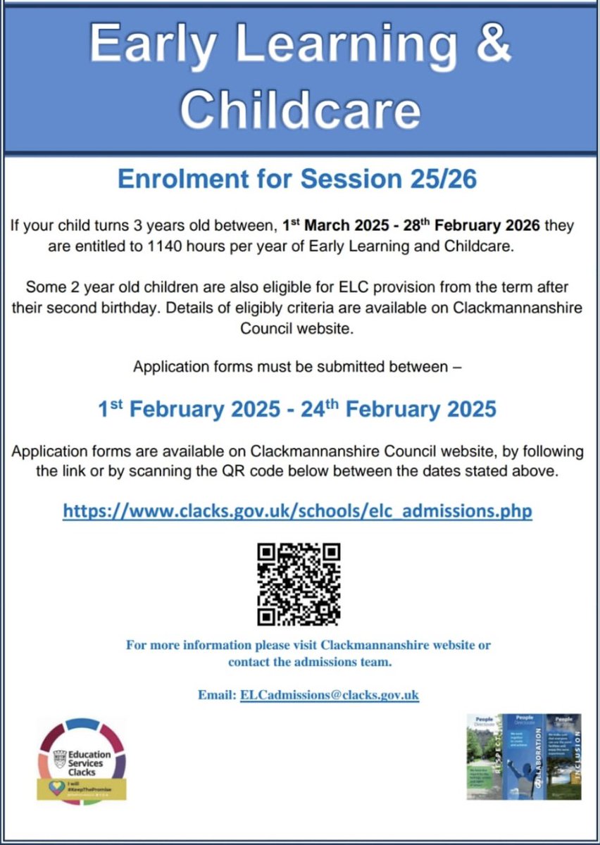 Please see important information about Early Learning &amp; Childcare enrolment for Session 2025/2026
👇🏼