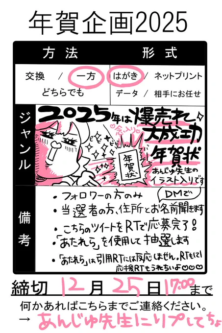 【年賀状企画🎍】
来年こそやって大成功したい方の
20名様に爆売れの念🔥入り
あんじゅ先生年賀状をお送りします🤩

応募方法
フォロワーさん限定
・この投稿をRTのみ!
当選者はメンションします🔥

応募締切
【12月25日 17:00】
来年はやって大成功!!爆売れじゃああ!!

 #年賀状企画2025 