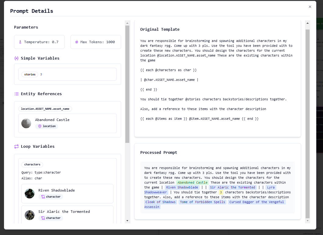 Tempest BIP 17:

Auto suggestions for prompt construction, and some improved UI for the prompt and tool debugger within the visual scripting system. 

All suggestions are synced up with the current components + custom scripts created by the user