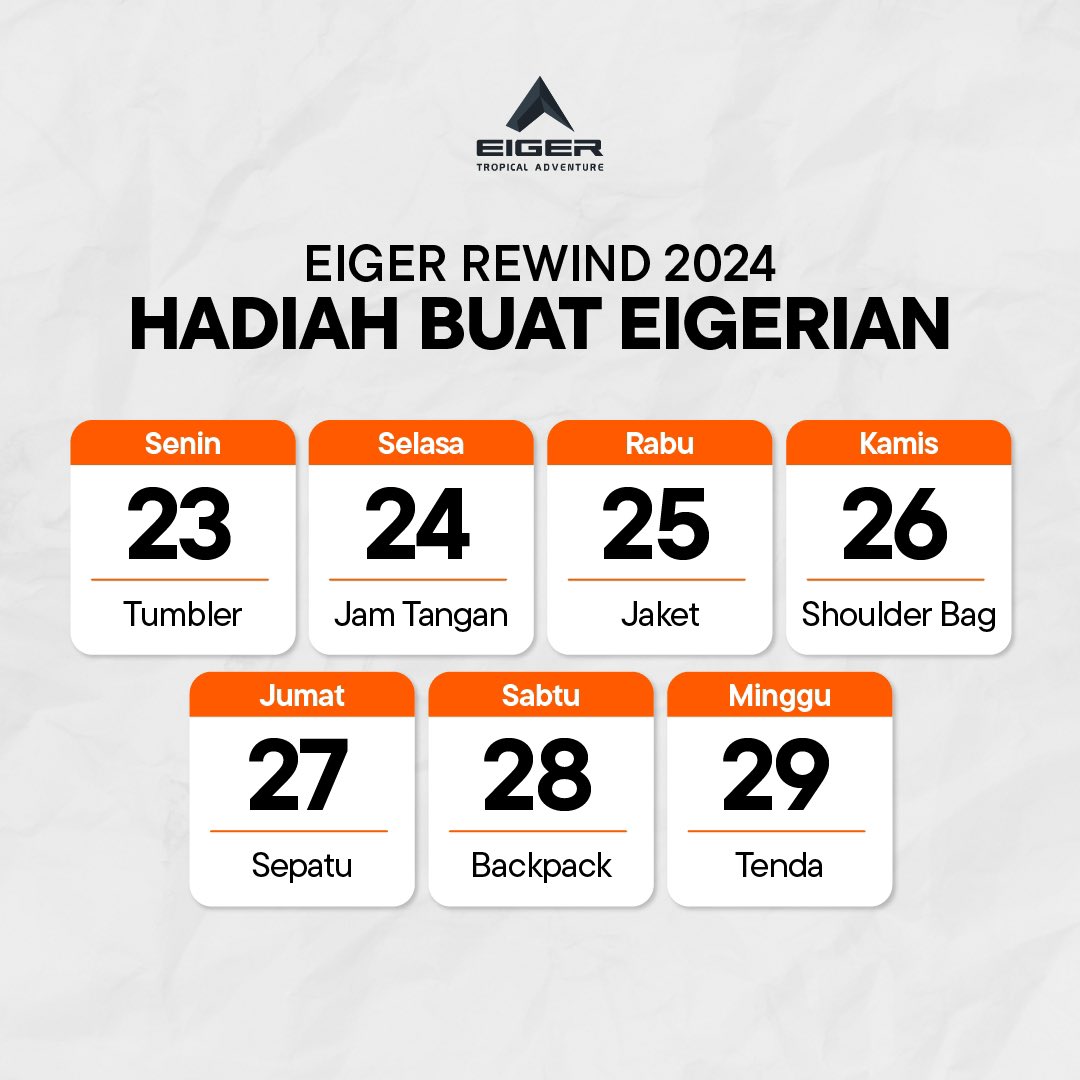 Akhir tahun saatnya #EIGERREWIND2024!

Bookmark tweet ini biar gak lupa! Karna seminggu kedepan EIGER Adventure akan kasih hadiah akhir tahun buat Eigerian🤠

Kira-kira hadiah mana yang Eigerian mau? Yuk reply produknya + #EIGERREWIND2024