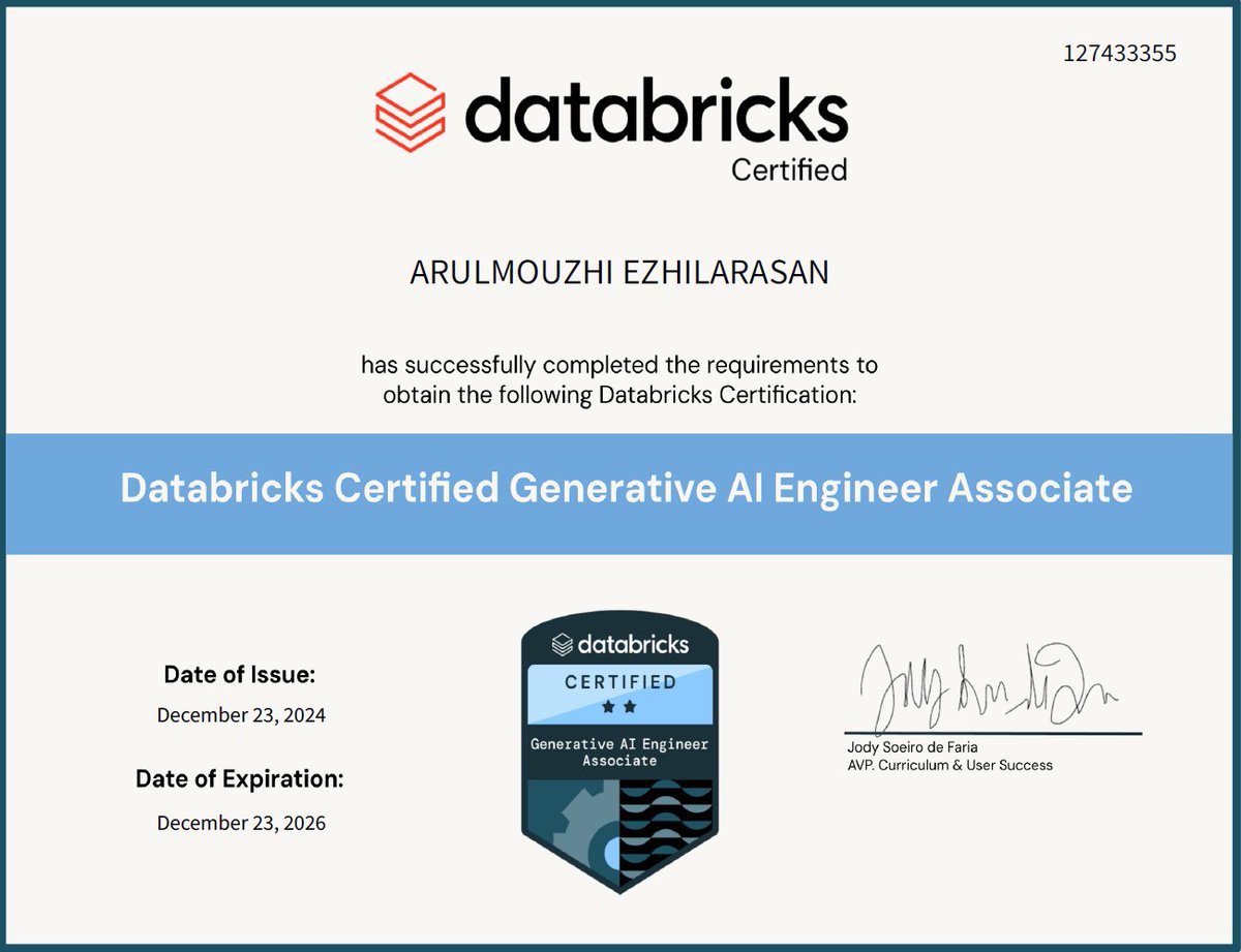 🌟Glad to share that I’ve earned a new certification: Databricks Certified Generative AI Engineer Associate from <a href="/databricks/">Databricks</a> ! 🎓