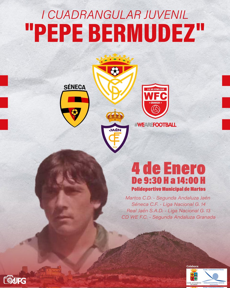 martoscdcantera's tweet image. El próximo 4 de Enero tendrá lugar el I Cuadrangular Juvenil "Pepe Bermúdez" con la participación de los siguientes equipos:

Martos C.D. Juvenil Segunda Andaluza Jaén
Séneca C.F. Juvenil Liga Nacional G.14
Real Jaén S.A.D. Liga Nacional G.13
C.D. We F.C. Segunda Andaluza Granada