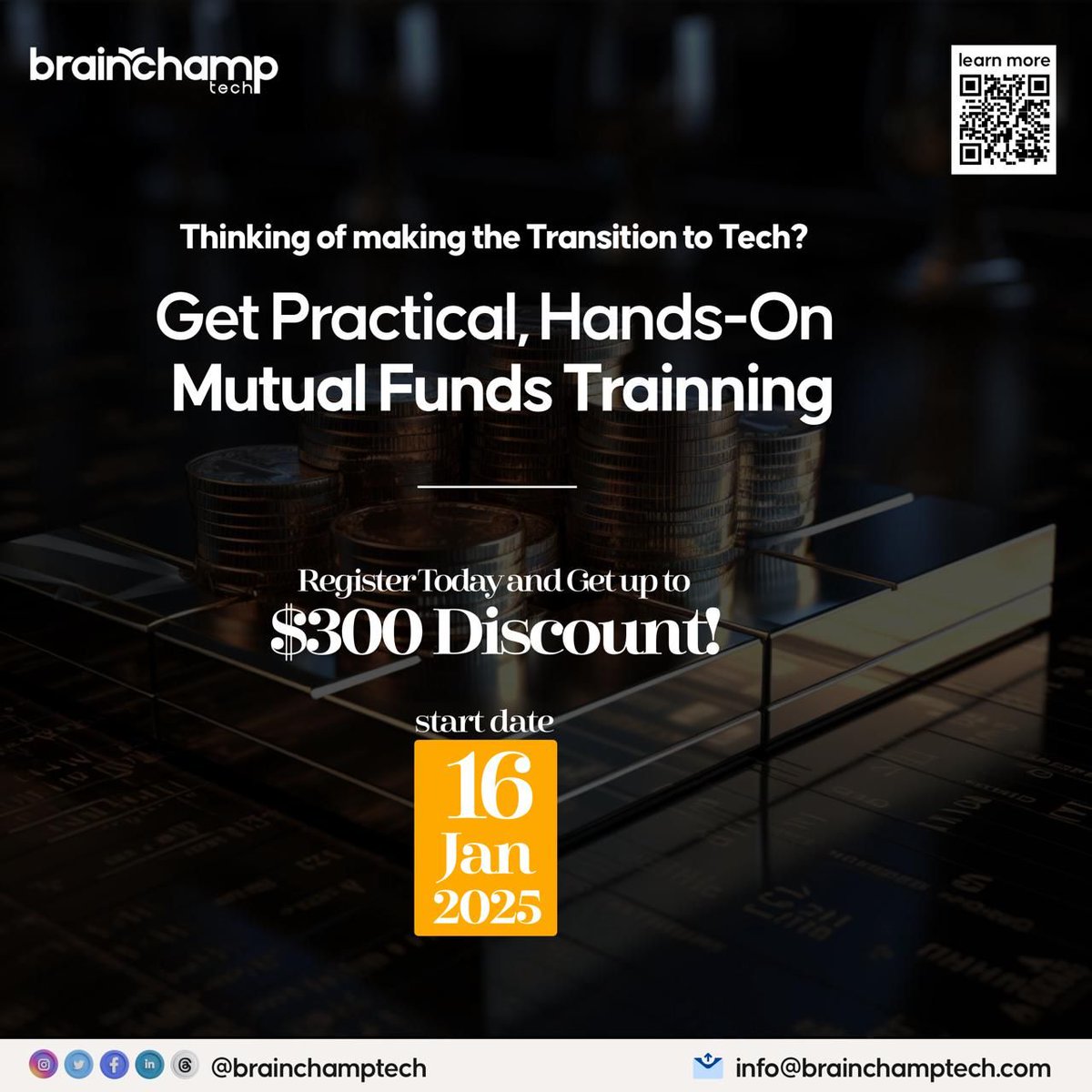 brainchamptechy's tweet photo. Thinking of transitioning into tech? 🚀
Get practical, hands-on mutual fund training to build analytical &amp; problem-solving skills for your tech career! 💡
💥 Register today and save up to $300!
📅 Starting: Jan 16, 2025

📍 Don't miss out. secure your spot now!
#TechTransition https://t.co/s8NKFLfS6I