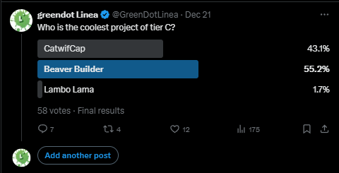 GreenDotLinea's tweet photo. Welcome to the second update of the Tierlist battles.
#LineaMemeTierList
@CatWifCapLinea and @beaver_builder Thank you for playing.
@LamboLlamaMeme because of not contributing to the contest you will move down to tier D.
I changed the colors a bit to make it more clear, that C and above is a green flag. D and below, I'm not too sure about their future.
$Nwg $Llama $cwc $genes $Foxy $Croak $DTC $Lpuss $Beaver $Linda $eth $linus $lube $linea #MemeCoinSeason #lineamemes #LINEA