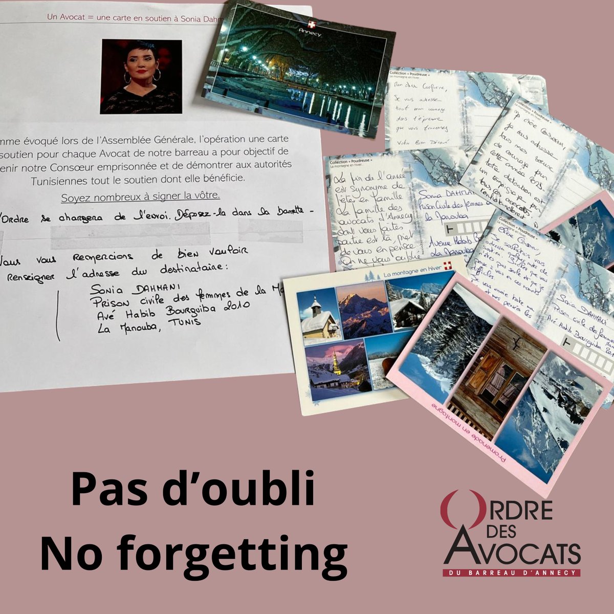 Un avocat ➡une carte
Les <a href="/avocatsannecy/">Avocats Annecy</a> se mobilisent en soutien à #SoniaDAHMANI
Elle recevra prochainement une carte postale de chaque avocat du pour lui rappeler qu’elle n’est pas seule.
Pas d’oubli /No  forgetting
<a href="/CNBarreaux/">Conseil national des barreaux - les avocats</a> 
<a href="/Conf_Batonniers/">ConférenceBâtonniers</a>