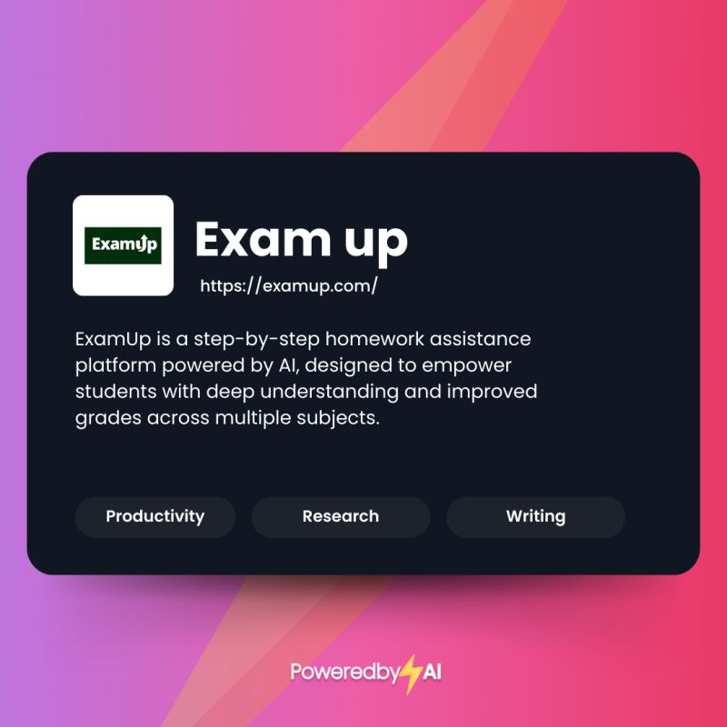poweredbyai_app's tweet image. Achieve academic excellence with ExamUp! 📚✨ Get step-by-step homework assistance powered by AI, fostering deep understanding and boosting grades across multiple subjects. 🎓💡
🔗 examup.com
#ExamUp #AIHomeworkHelp #StudentSuccess