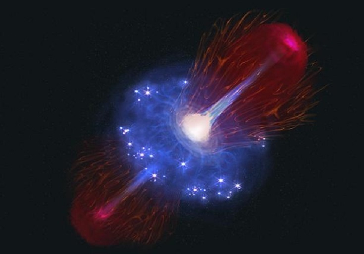Nereide's tweet photo. 1/2
An international research team, led by the University of Cambridge, has discovered a dormant overmassive black hole (BH) in the early Universe using JWST.
The BH has a mass of 400 million times that of the Sun, but is accreting at a rate of only 0.02 times the (1) Eddington limit, so its discovery marks a turning point in our understanding of the formation and evolution of BHs.
This BH, located in a galaxy existing only 800 Myr after the Big Bang, represents a significant challenge to current theoretical models. Its mass makes up about 40% of the total mass of its host galaxy, an extraordinarily high proportion compared to BHs in the local Universe, which typically make up only 0.1% of the mass of their galaxy.
The BH, by accumulating matter at a very slow rate, is considered "dormant". Numerical simulations conducted by the research team suggest that long periods of inactivity are alternated with short phases of ultrafast growth. These models propose that BHs can exceed the Eddington limit for short periods, growing rapidly before entering long periods of dormancy.
The discovery, published in "Nature" on 18 December 2024, challenges conventional theories on the formation of SMBHs, suggesting that they could be "born big" or go through cycles of hyperactivity and dormancy. The difficulty in detecting dormant BHs is due to their low luminosity, but the advanced instruments of the Webb telescope have allowed this object to be detected despite its inactivity.
The detection of this dormant overmassive BH opens new perspectives for the study of accretion processes and galactic dynamics in the early universe, suggesting that there may be many other similar BHs yet to be discovered.
Image: Artist’s impression of a black hole during one of its short periods of rapid growth
Image Credit: Jiarong Gu
---------------------------------------------
(1) The Eddington limit defines the maximum amount of matter that a black hole can accrete within a certain time frame, under conditions of equilibrium between the radiation pressure of the material around the black hole and its gravitational force.
Both observations and theoretical models suggest that, under extreme conditions, this maximum threshold can be exceeded, at least for short periods.