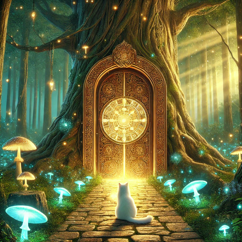 RegalPawsX's tweet photo. ✨ The Chosen Path ✨
The votes are in, and the cat begins its journey down the Key path. The glowing trail leads to an ancient door, hidden deep within the forest.
As the cat approaches, the map begins to hum softly, its golden symbols shifting to reveal new secrets. The door stands tall, its surface adorned with intricate carvings and a faint golden glow.

What lies beyond this mysterious doorway? Stay tuned for the next chapter of the Regal Paws Adventure! 🐾✨