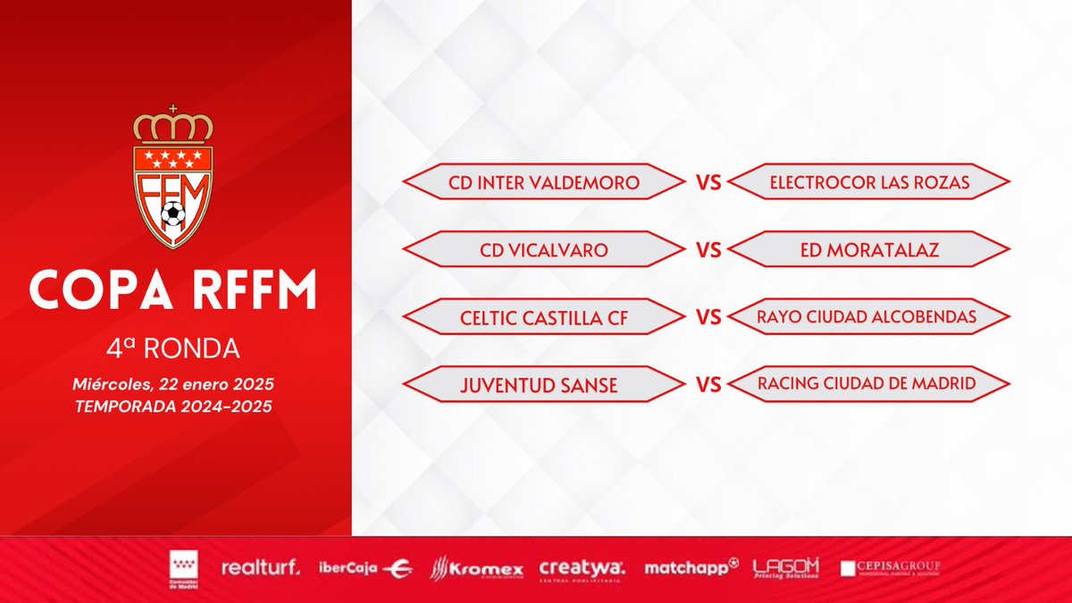 🏆 COPA AFICIONADOS RFFM

Ya tenemos los 4⃣ emparejamientos de la 4ª RONDA copera👇🏻

📆 MIÉRCOLES 22 DE ENERO DE 2025

<a href="/intervaldemoro/">CF Inter de Valdemoro</a> 🆚 <a href="/ELC_Las_Rozas/">Electrocor Las Rozas C.F.</a>

<a href="/CDVicalvaro/">C.D. Vicálvaro ⚽️</a> 🆚 <a href="/edmoratalaz/">ED Moratalaz</a>

<a href="/CelticCastilla/">Celtic Castilla C.F.</a> 🆚 <a href="/RayoAlcobendas/">RC Alcobendas</a>

<a href="/JuventudSanse/">Juventud Sanse</a> 🆚 <a href="/RacingMadridFC/">Racing Madrid 1914 F.C.</a> 

#LaCopaMola